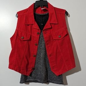 BUNDLE! Cyrus Gray sparkle blouse sz L & Watch LA Red denim Vest sz L